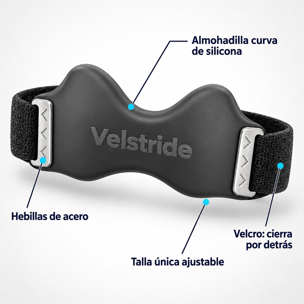 Velstride: almohadilla curva de silicona, hebillas de acero y velcro por detrás